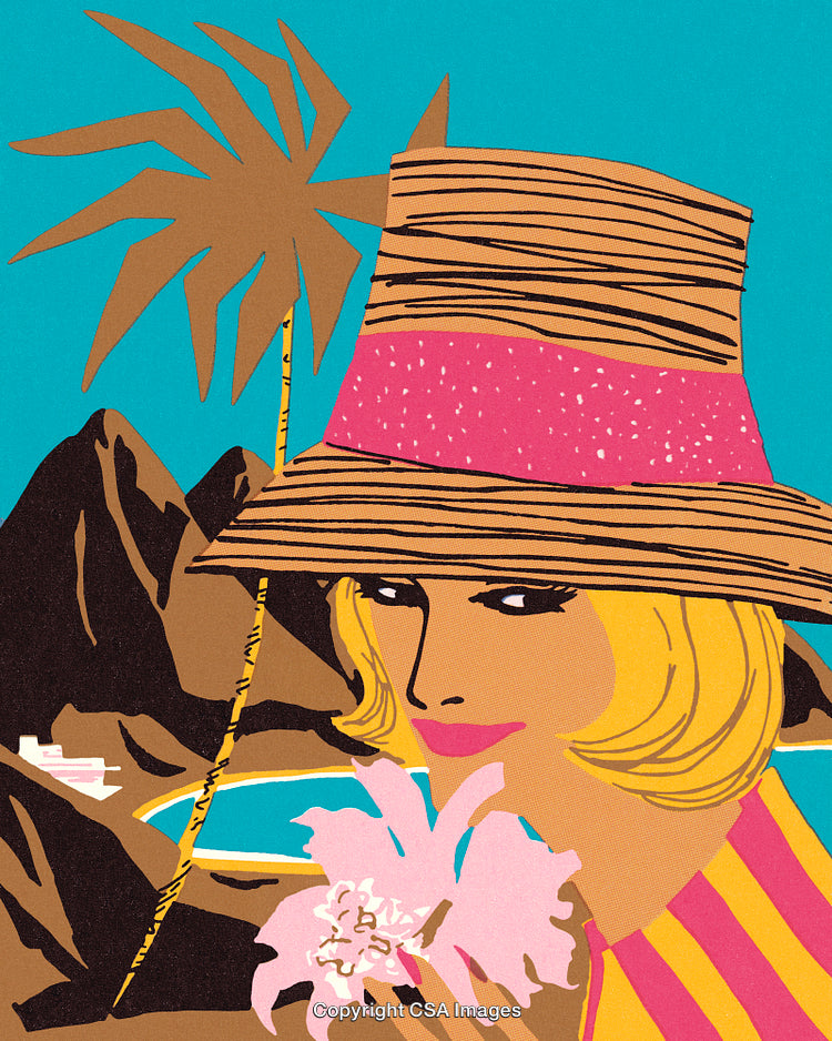 Colorful Portrait of a Woman with Tropical Background and Bold Elements