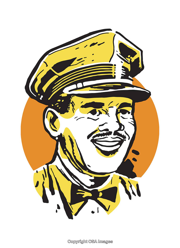 Colorful Retro Illustration of a Smiling Uniformed Gentleman with Orange Circle Background