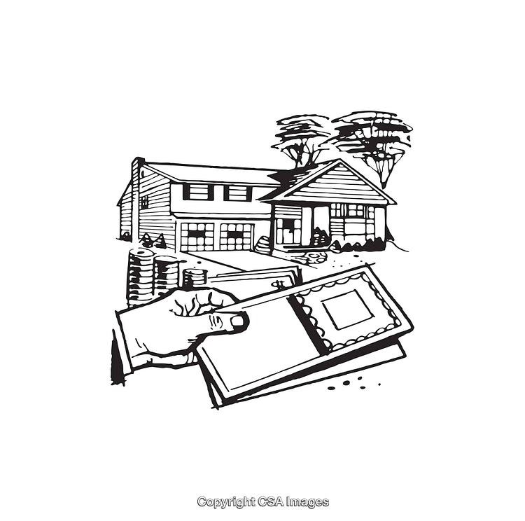 Black and White Illustration of a Home and a Hand Holding a Payment