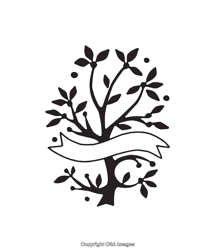 Black and White Tree Illustration with Decorative Banner Design