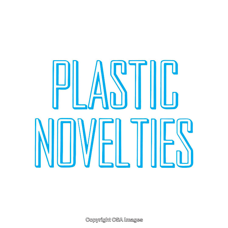 Bold Graphic Text of Plastic Novelties in Blue on White Background