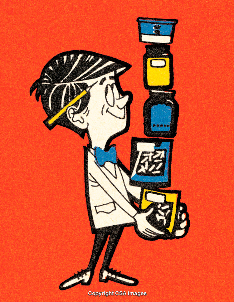 Retro Cartoon Illustration of Man Balancing Colorful Stacked Boxes on Vibrant Background
