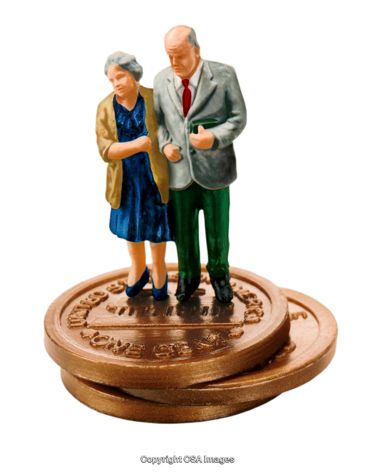 Miniature Elderly Couple Figurine Standing on Stacked Coins