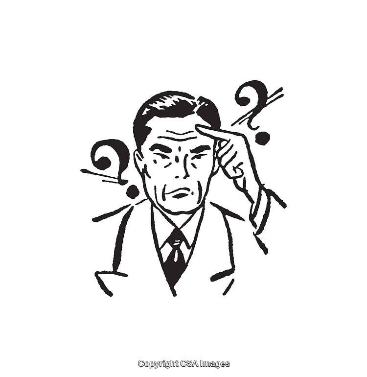 Vintage Style Illustration of a Thinking Businessman with Question Marks