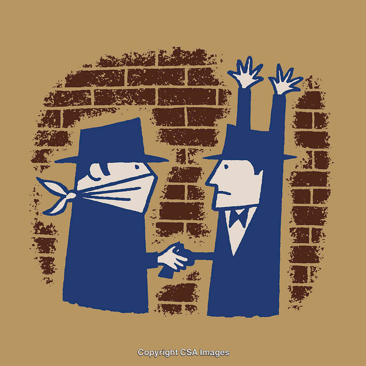 Two Figures Depicted in a Robbery Scene with Abstract Elements