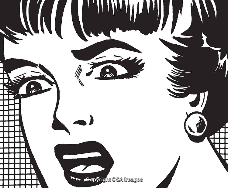 Black and White Retro Comic of a Woman Displaying Fear or Shock