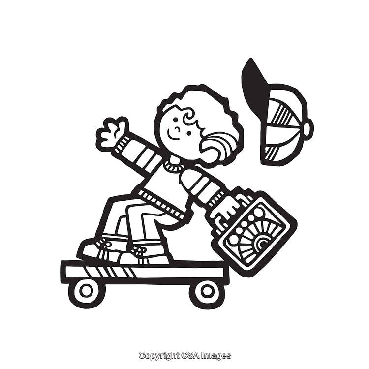 Black and White Line Art of a Child Skateboarding with Playful Energy