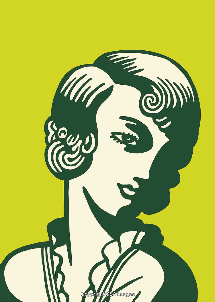 Retro Style Artwork of Elegant Woman in Green and Yellow Tones