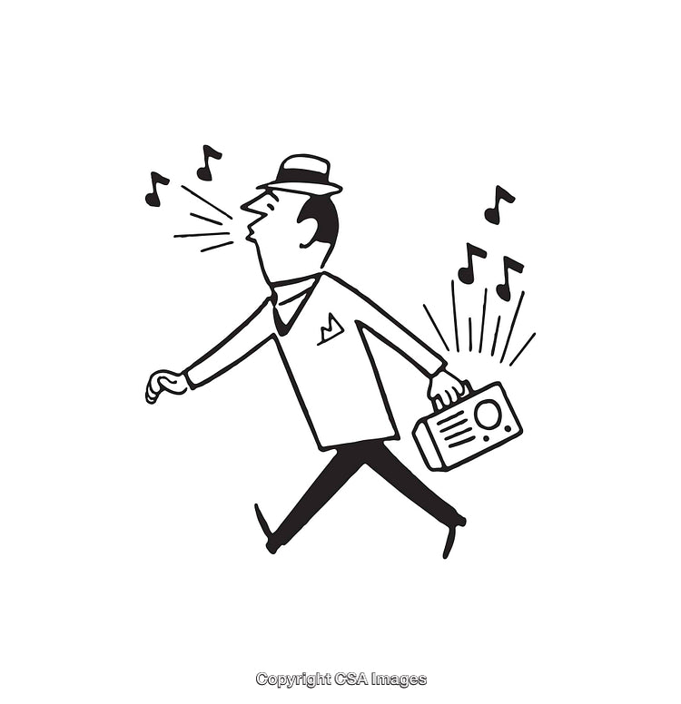 Black and White Art of a Man Singing With a Portable Radio
