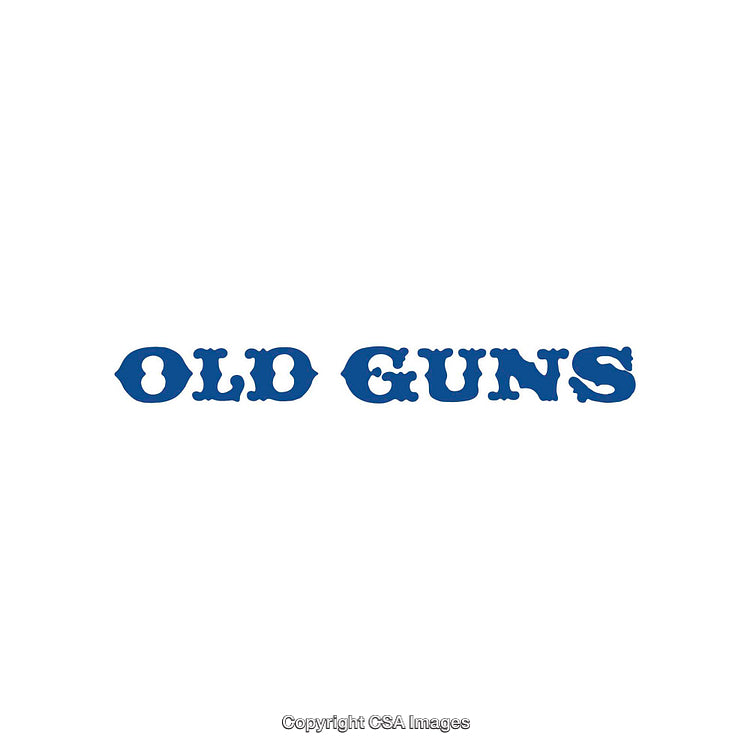 Blue Old Guns Text on White Background in Rustic Font Style