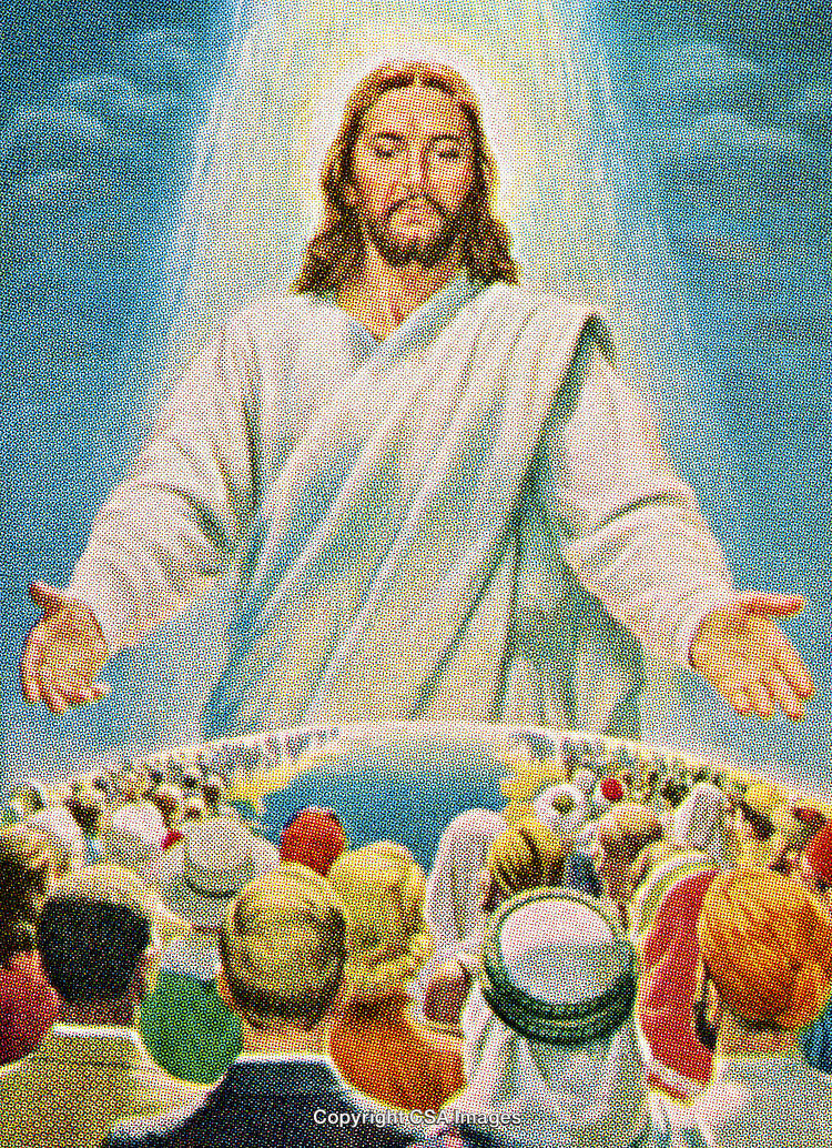 Jesus Christ Welcoming a Multicultural Crowd With Open Arms in a Heavenly Setting