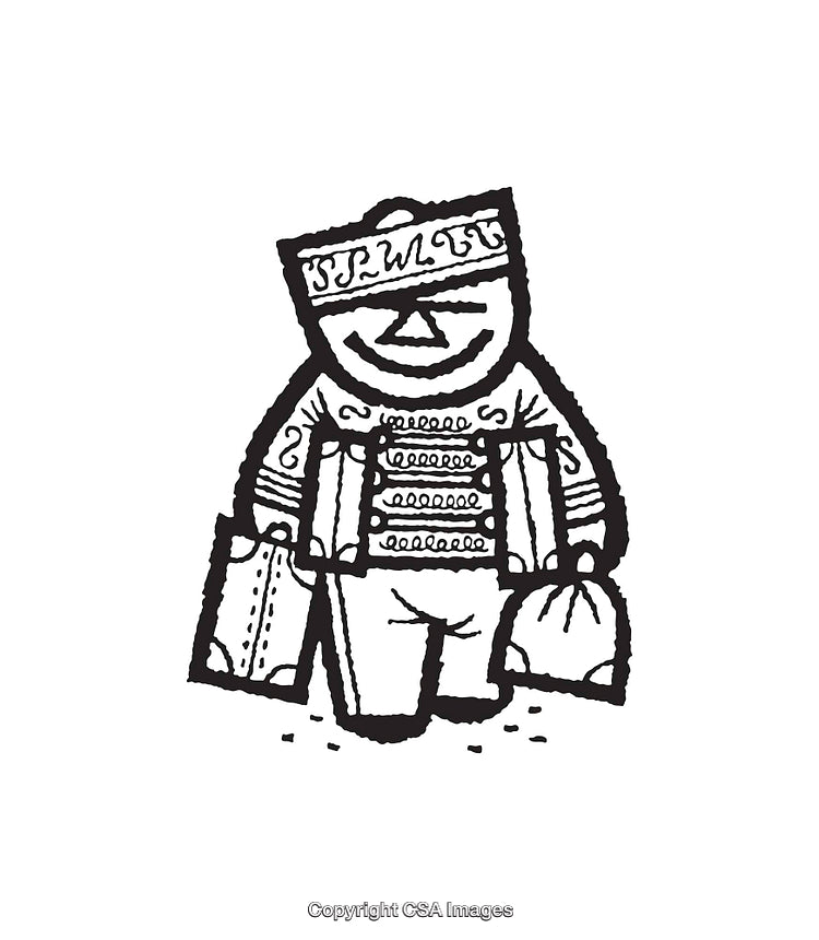 Black and White Line Art of Smiling Character Carrying Gifts and Packages