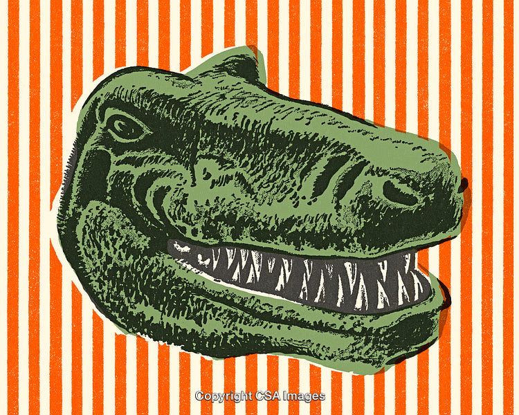 Artistic Green Dinosaur Head Illustration on Striped Orange Background