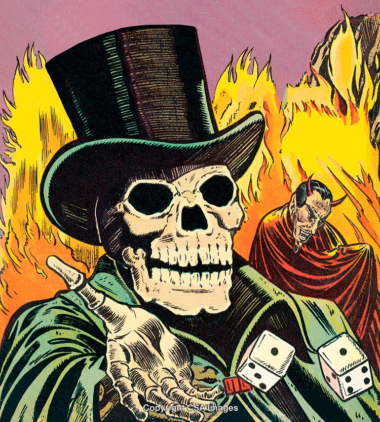 Vintage Comic Style Illustration of Skeleton and Flames
