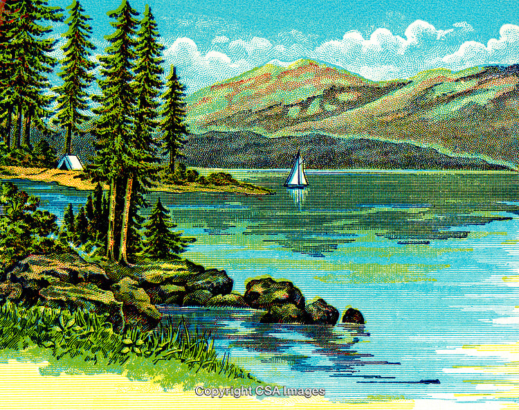 Scenic Mountain Lake With Forest, Tent, and Sailing Boat