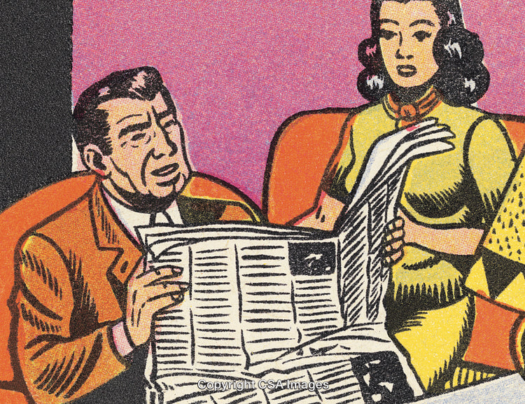 Retro Pop Art Scene Featuring Two People Reading the Newspaper