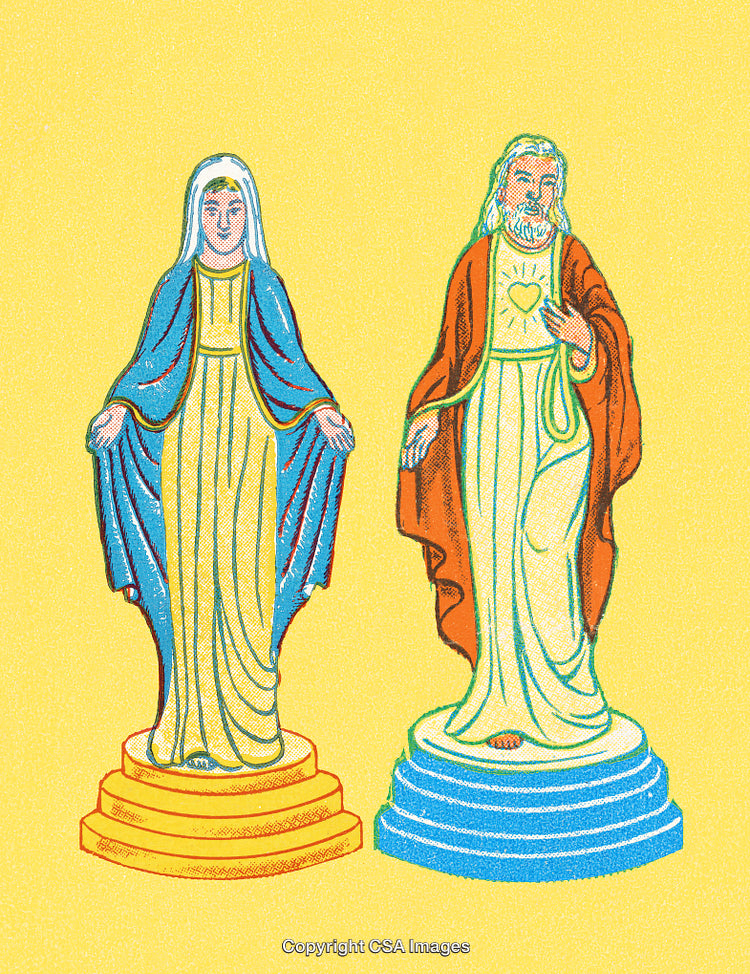 Vintage Religious Figures of Holy Mary and Jesus on Bright Yellow Background