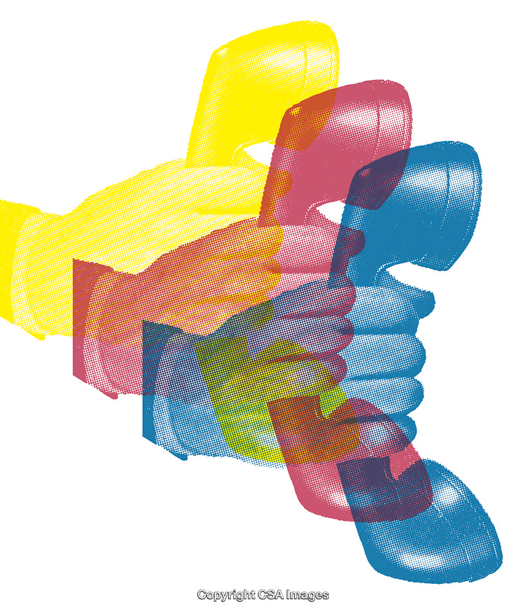 Colorful Artistic Illustration of Retro Telephone Handsets in Cyan, Magenta, and Yellow