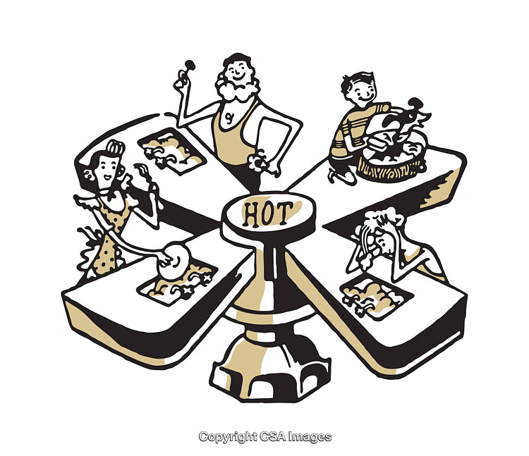 Illustrated People Enjoying Activities Around a Central Hot Plate