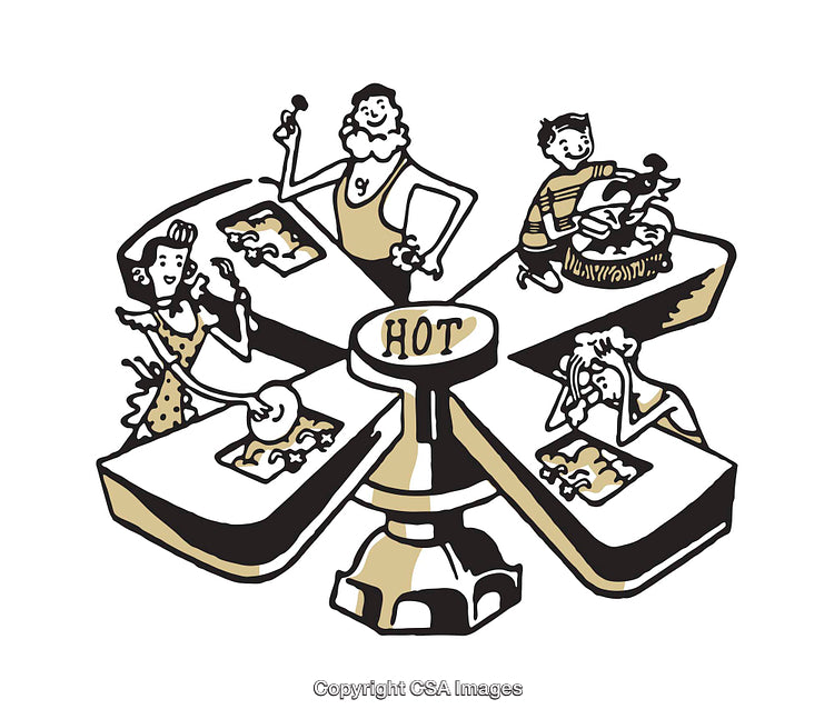 Illustrated People Enjoying Activities Around a Central Hot Plate