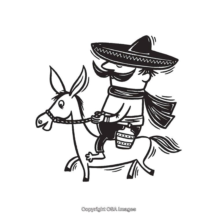 Black and White Line Art of a Man on a Donkey in Traditional Outfit