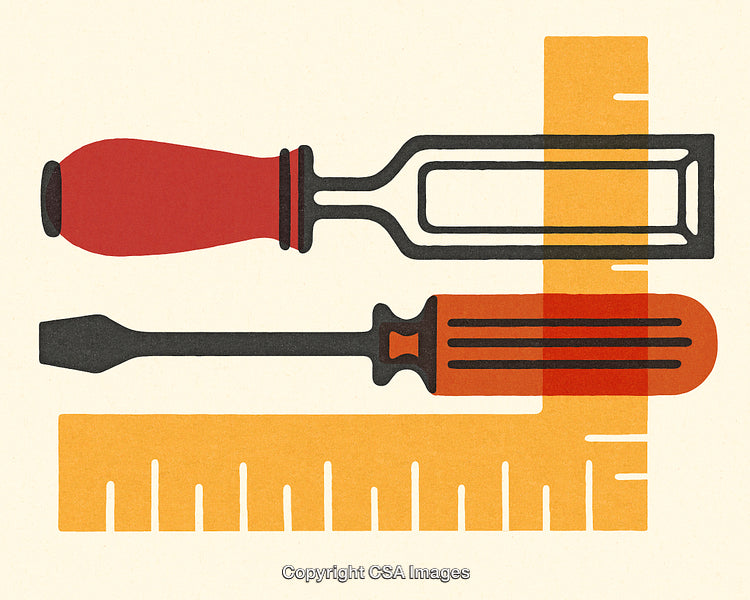 Illustration of Hand Tools with Screwdriver, Ruler, and Chisel in Vibrant Colors