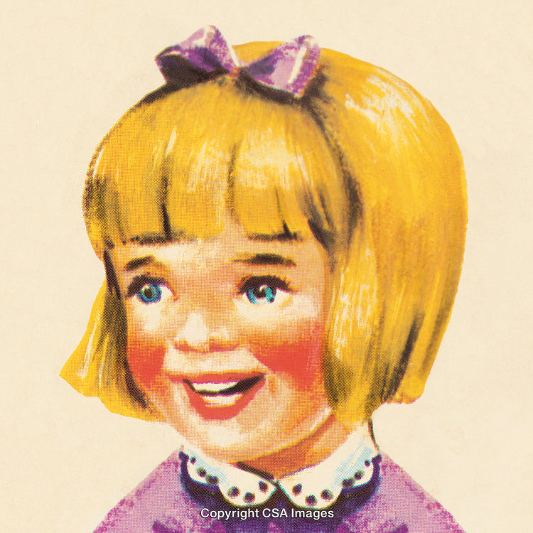 Vintage Illustration of a Smiling Girl with a Purple Bow in Blonde Hair