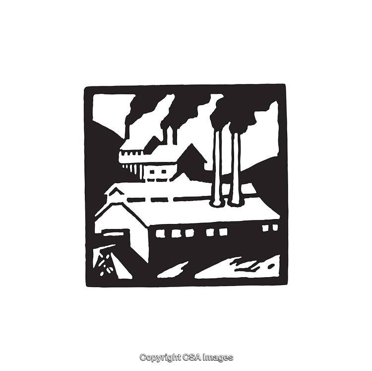 Black and White Line Art Illustration of Industrial Factory Scene with Chimneys