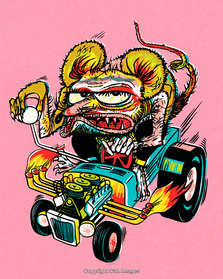 Cartoon Wild Character Driving a Flame-Shooting Hot Rod on Pink Background