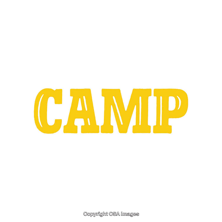 Bold Yellow Text Display of the Word Camp on White