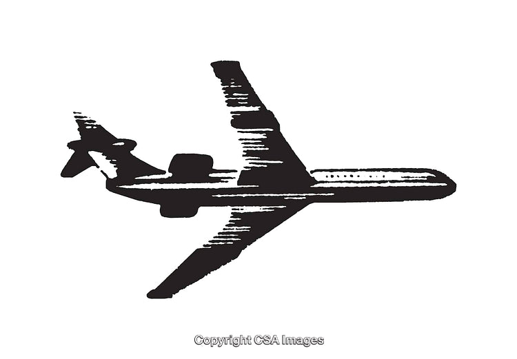 Black and White Line Art Illustration of an Airplane in Flight