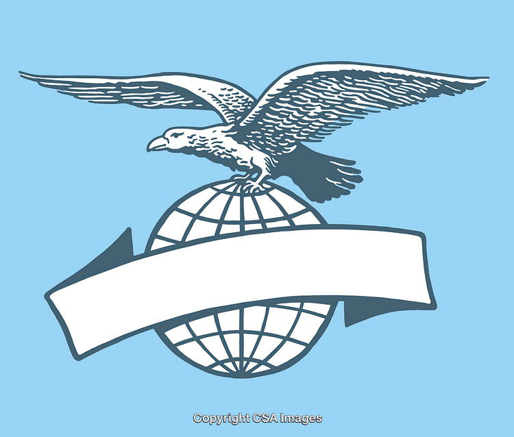 Eagle Perched on Globe with Banner on Blue Background