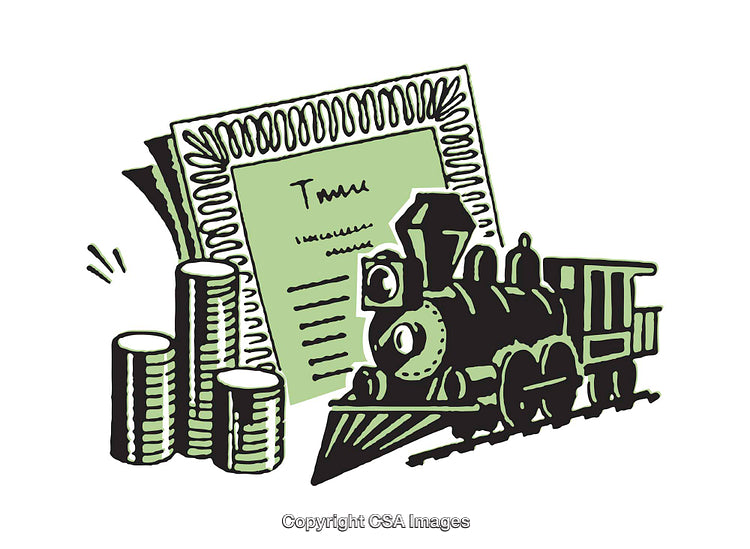 Vintage Train Illustration With Coins and Financial Certificate