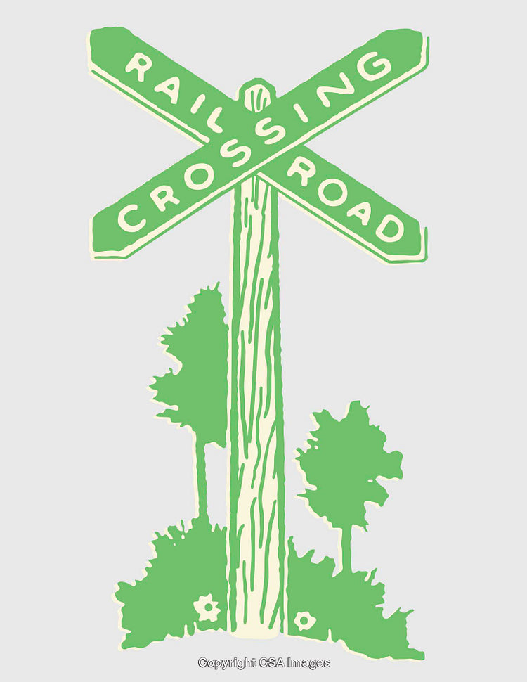 Railroad Crossing Sign Art with Green Trees and Simplistic Design