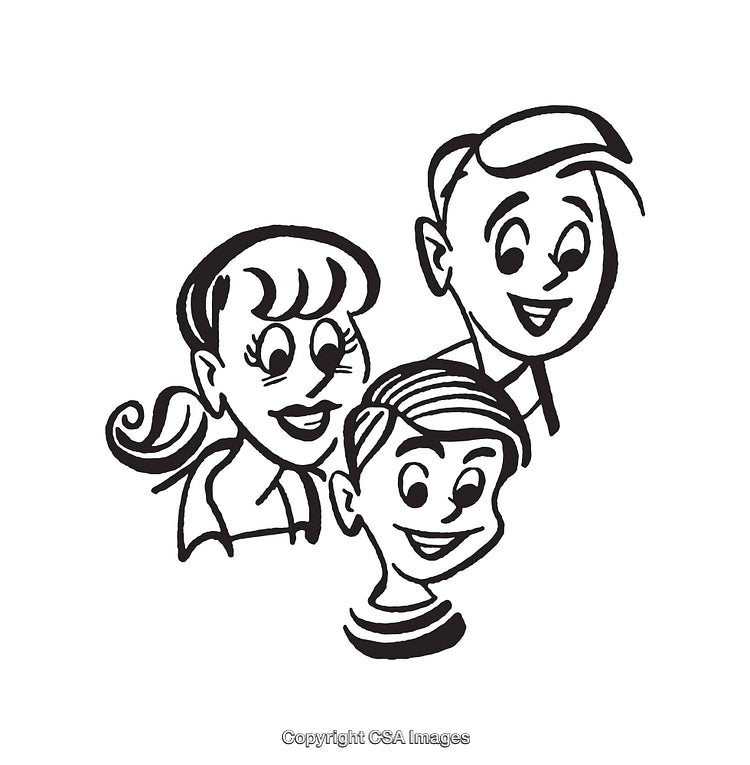 Retro Black and White Line Art of Happy Family Cartoon