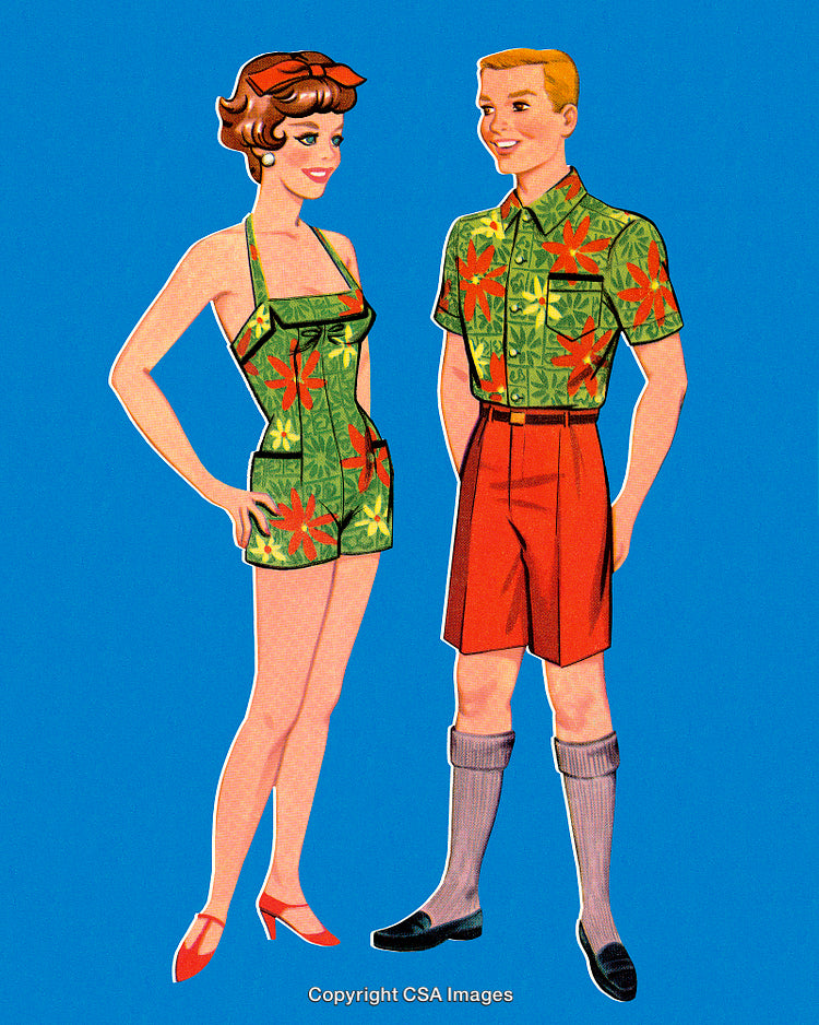 Retro Illustration of a Smiling Couple in Matching Vintage Casual Clothing