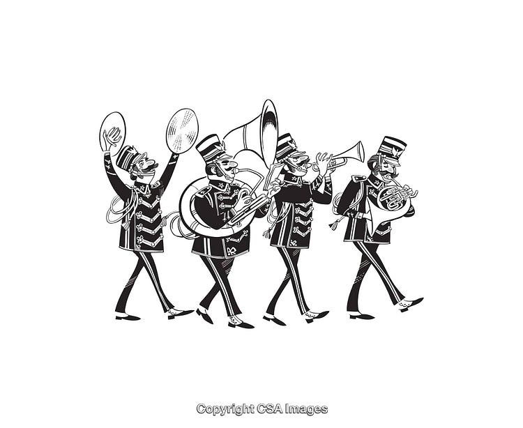 Black And White Line Art of a Marching Band Parade Performance