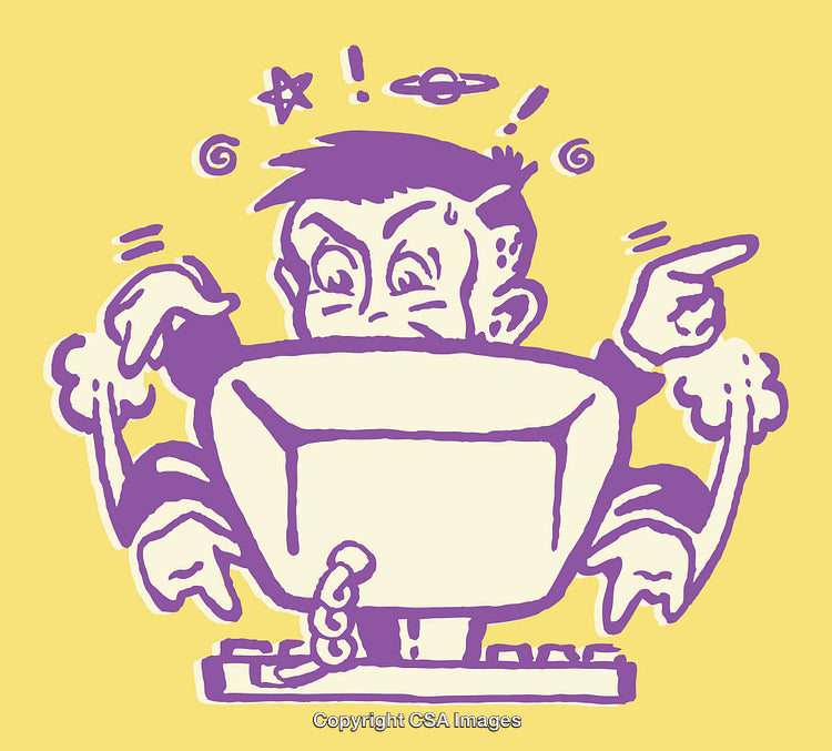 Whimsical Illustration of a Confused Man Using a Computer in Purple and Yellow