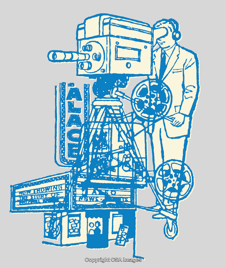 Retro Line Art of a Film Camera and Operator at a Movie Theater