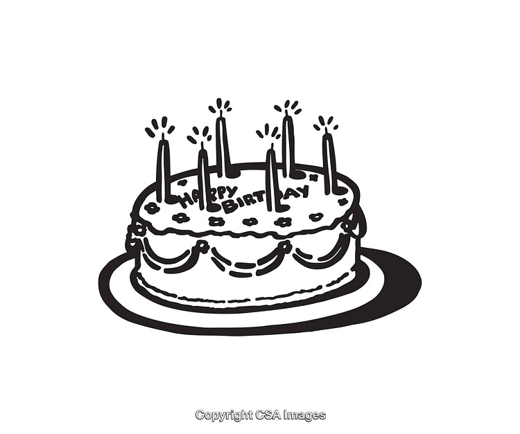 Black and White Line Art of a Birthday Cake with Candles