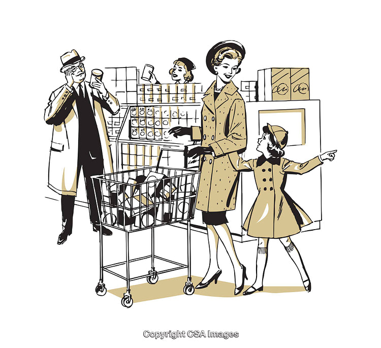 Family Shopping Scene in Vintage Style Illustration
