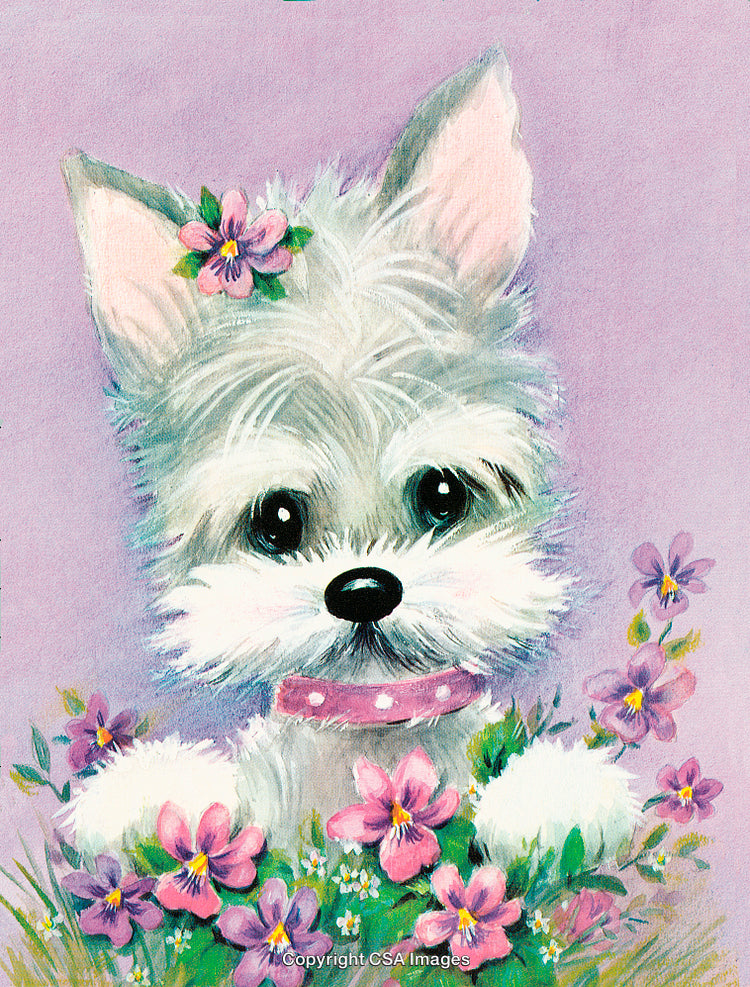 Adorable White Puppy in a Flower Field with Pink Accents