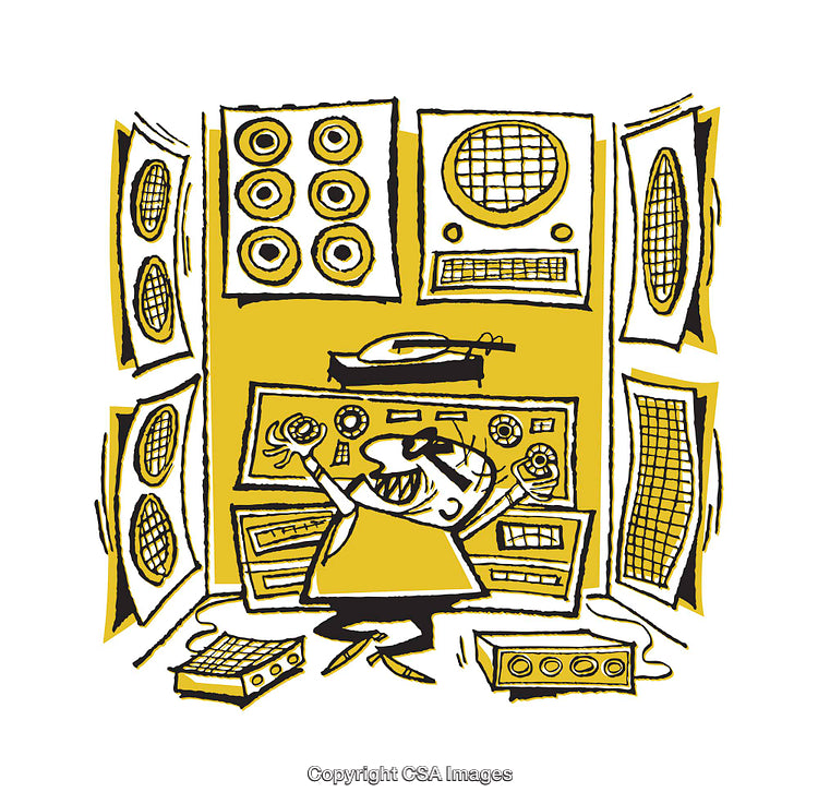 Illustration of a DJ in a Studio Surrounded by Audio Equipment