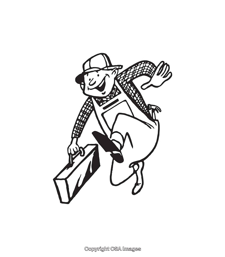 Energetic Worker Carrying Toolbox in Black and White Line Art