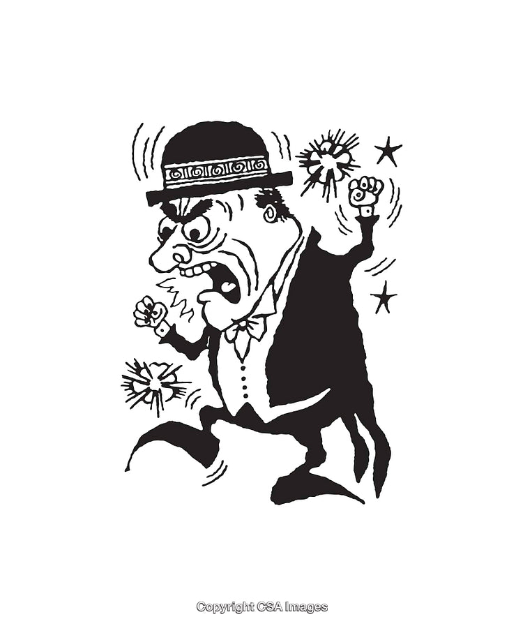Expressive Black and White Illustration of Angry Character in Hat and Suit