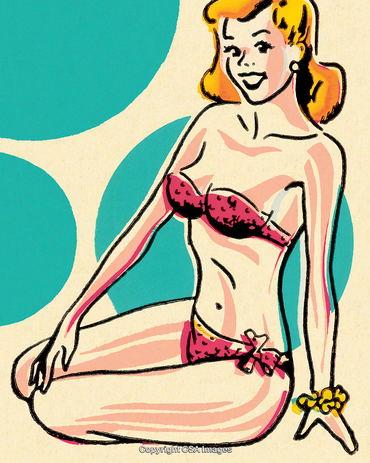 Retro Illustration of a Smiling Woman in Stylish Swimsuit on Bright Background