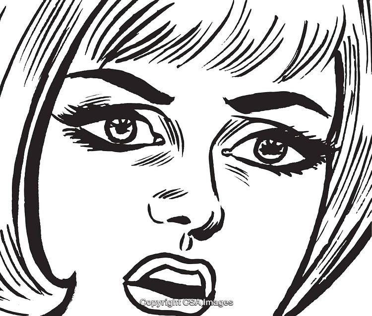 Black and White Comic Style Illustration of a Thoughtful Woman's Face