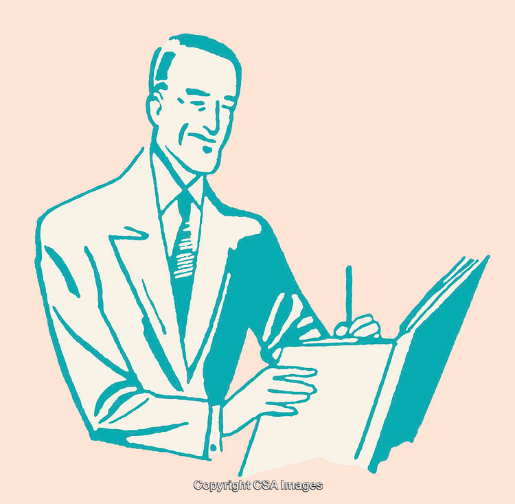 Vintage Business Illustration of a Man Writing in a Document