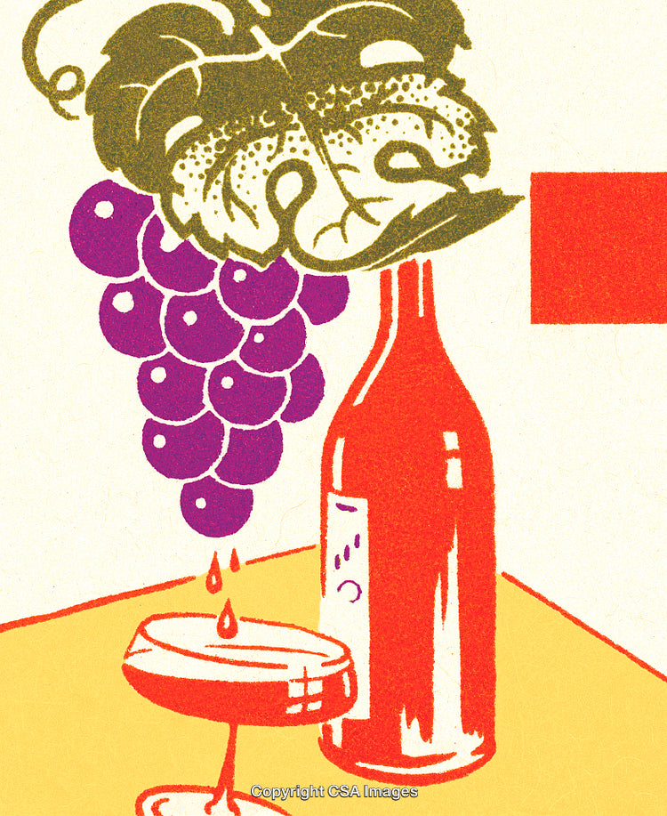 Colorful Illustration of Wine Bottle with Grapes and Glass in Artistic Style