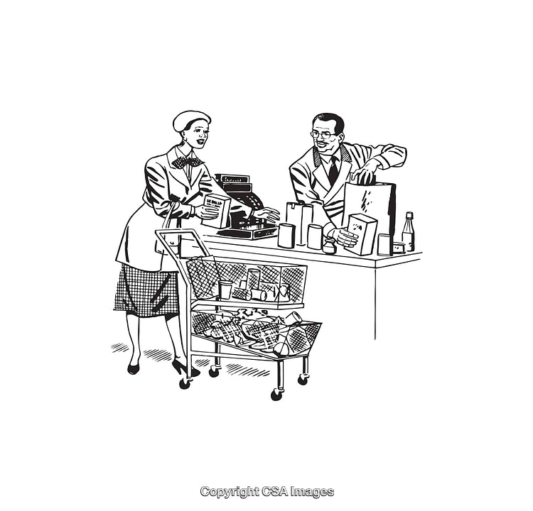 Vintage Black and White Line Art of a Grocery Shopping Scene